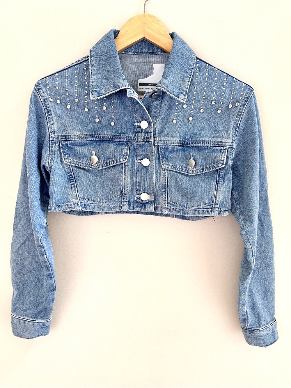 Bershka Super Cropped Rhinestone Denim Button Up Jean Jacket NWOT Size XS